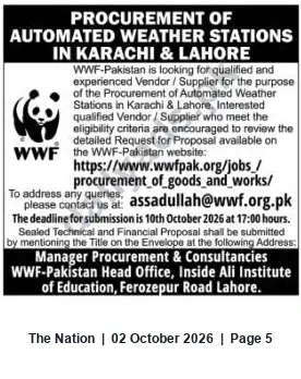 Newspaper clipping: WWF-Pakistan RFP: Procurement of Automated Weather Stations in Karachi & Lahore, The Nation, 02 Oct 2026