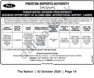 Newspaper clipping: PAA Tender: Maintenance and Branding/Advertisement Concession at Allama Iqbal International Airport Lahore, The Nation, 02 Oct 2026