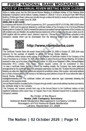 Newspaper clipping: First National Bank Modaraba — 23rd Annual Review Meeting & Book Closure Notice, The Nation, 02 Oct 2026