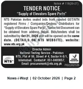 Newspaper clipping: NTS Pakistan Tender: Supply of Elevators Spare Parts — Bid by 2026-10-21, Nawa-i-Waqt, 02 Oct 2026