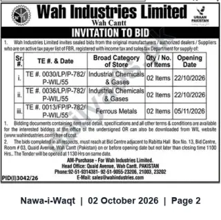 Newspaper clipping: Wah Industries Limited Invitation to Bid for Industrial Chemicals, Gases and Ferrous Metals (Wah Cantt), Nawa-i-Waqt, 02 Oct 2026