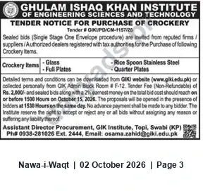 Newspaper clipping: GIKI Tender GIKI/PD/CM-1157/26 for Purchase of Crockery (Glass, Spoons, Plates), Nawa-i-Waqt, 02 Oct 2026