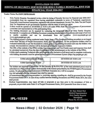 Newspaper clipping: Tender: Hiring Security Services for Holy Family Hospital Rawalpindi — FY 2026-2027, Nawa-i-Waqt, 02 Oct 2026