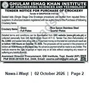 Newspaper clipping: GIKI Tender #GIXI/PD/CM-1157/26 — Purchase of Crockery Items, Nawa-i-Waqt, 02 Oct 2026
