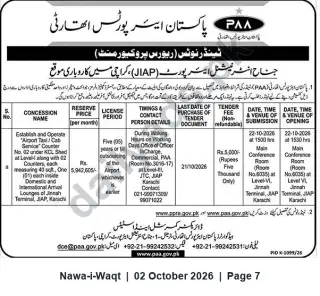 Newspaper clipping: PAA Tender: Concession to Operate Airport Taxi/Cab Counter at Jinnah International Airport Karachi, Nawa-i-Waqt, 02 Oct 2026