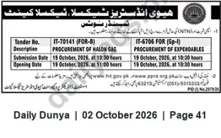 Newspaper clipping: Heavy Industries Taxila Tender: Procurement of Halon Gas and Expendables (IT-70141, IT-6706), Dunya, 02 Oct 2026