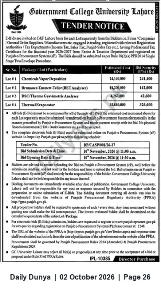 Newspaper clipping: Tender for Scientific Equipment and Lab Instruments — Government College University Lahore, Dunya, 02 Oct 2026