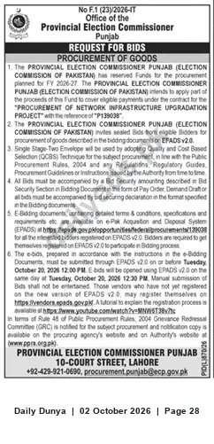 Newspaper clipping: Request for Bids: Network Infrastructure Upgradation Project (Ref: P139038) — Provincial Election Commissioner Punjab, Dunya, 02 Oct 2026