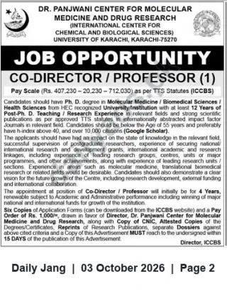 Newspaper clipping: Co-Director / Professor — Dr. Panjwani Center (ICCBS), University of Karachi, Jang, 03 Oct 2026