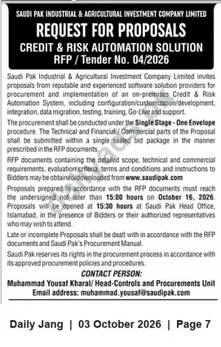 Newspaper clipping: RFP: Credit & Risk Automation Solution — Saudi Pak (Tender No. 04/2026), Jang, 03 Oct 2026