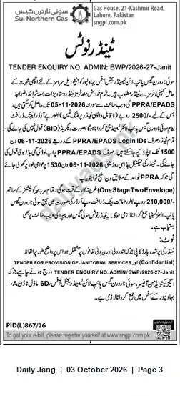 Newspaper clipping: SNGPL Tender: Provision of Janitorial Services (ADMIN/BWP/2026-27-Janit), Jang, 03 Oct 2026