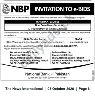 Newspaper clipping: NBP Invitation to e-Bids — Procurement of Server Hardware, The News International, 03 Oct 2026