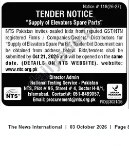 Newspaper clipping: Tender: Supply of Elevators Spare Parts — National Testing Service (NTS), Islamabad, The News International, 03 Oct 2026