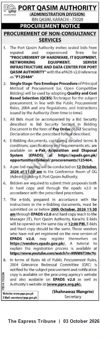 Newspaper clipping: Port Qasim Authority Tender: Procurement of IT, Networking, Server Infrastructure & Data Center (Ref P125464), The Express Tribune, 03 Oct 2026