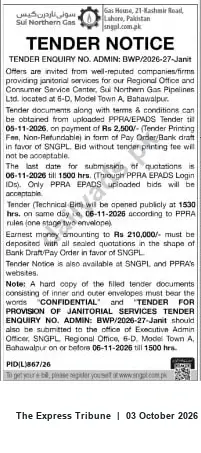 Newspaper clipping: SNGPL Tender: Provision of Janitorial Services — Regional Office Bahawalpur (ADMIN: BWP/2026-27-Janit), The Express Tribune, 03 Oct 2026