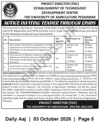 Newspaper clipping: Tender: Lab/Farm Equipment & Bus Tyres — University of Agriculture Peshawar (TDC), Daily Aaj, 03 Oct 2026