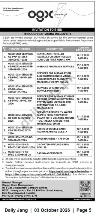 Newspaper clipping: OGDCL Invitation to E‑Bid (SAP‑ARIBA) — Multiple Service, Supply & Installation Tenders, Jang, 03 Oct 2026