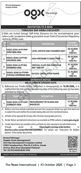 Newspaper clipping: OGDCL Invitation to E‑Bids for Equipment and Materials — Closing Oct 20–21, 2026, The News International, 03 Oct 2026