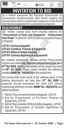 Newspaper clipping: GIZ Pakistan Invitation to Bid: Tools & Equipment for TVET G-230 (BANF No. 10020570), The News International, 03 Oct 2026