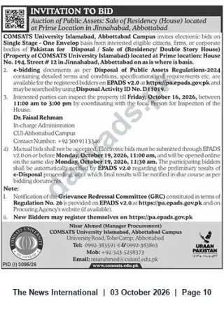 Newspaper clipping: Auction: Sale of House No. 194, Street #12, Jinnahabad, Abbottabad — COMSATS, The News International, 03 Oct 2026