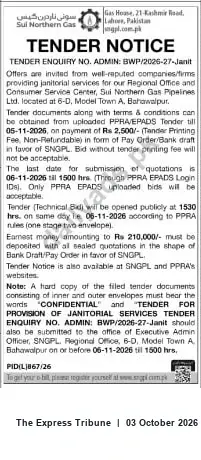 Newspaper clipping: SNGPL Tender for Provision of Janitorial Services — Regional Office Bahawalpur (ADMIN: BWP/2026-27-Janit), The Express Tribune, 03 Oct 2026