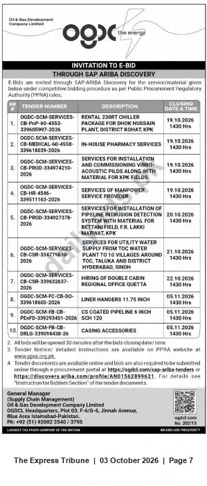 Newspaper clipping: OGDCL Invitation to E‑Bid via SAP Ariba — Multiple Service & Supply Contracts, The Express Tribune, 03 Oct 2026