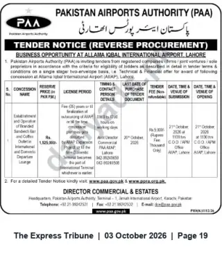 Newspaper clipping: PAA Tender: Branded Sandwich Bar & Coffee Outlet Concession at Allama Iqbal International Airport, Lahore, The Express Tribune, 03 Oct 2026