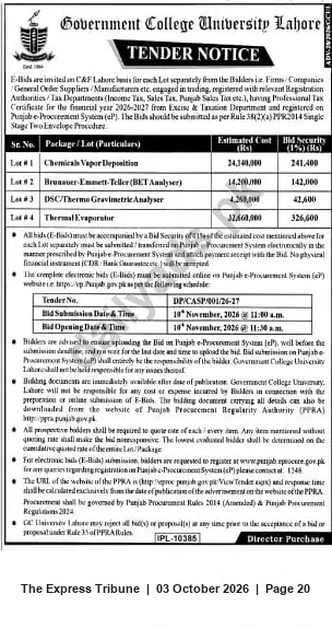 Newspaper clipping: Government College University Lahore Tender for Scientific Equipment and Supplies, The Express Tribune, 03 Oct 2026