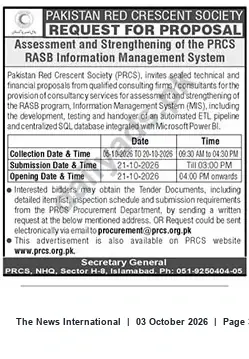 Newspaper clipping: PRCS RFP: Assessment & Strengthening of RASB Information Management System (ETL, SQL, Power BI), The News International, 03 Oct 2026