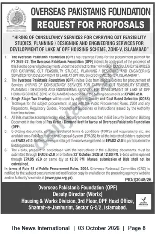 Newspaper clipping: OPF Request for Proposals — Consultancy for Lake Development at OPP Housing Scheme (Zone-V), Islamabad, The News International, 03 Oct 2026