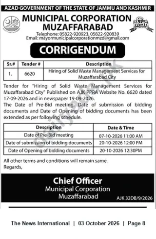 Newspaper clipping: Corrigendum — Tender No. 6620: Hiring Solid Waste Management Services for Muzaffarabad City, The News International, 03 Oct 2026