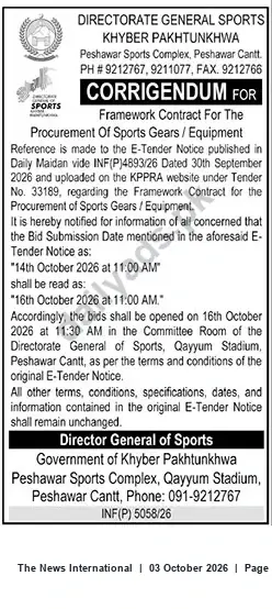 Newspaper clipping: Corrigendum: Tender No. 33189 — Framework Contract for Procurement of Sports Gears / Equipment (Submission Deadline 2026-10-16), The News International, 03 Oct 2026