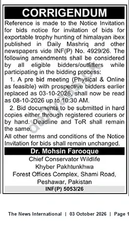 Newspaper clipping: Corrigendum: Invitation for Bids — Exportable Trophy Hunting of Himalayan Ibex, The News International, 03 Oct 2026