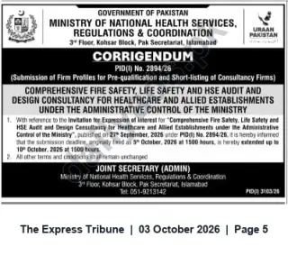Newspaper clipping: Corrigendum: Extension of Deadline for Fire Safety & HSE Consultancy EOI — Ministry of National Health Services, The Express Tribune, 03 Oct 2026