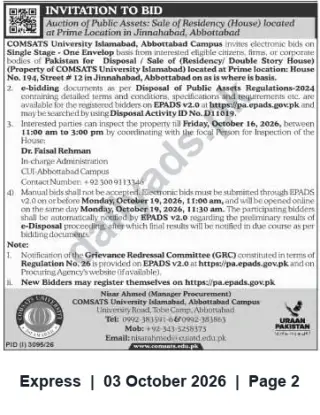 Newspaper clipping: COMSATS Abbottabad Auction: Sale of Double-Storey Residency in Jinnahabad, Abbottabad, Express, 03 Oct 2026