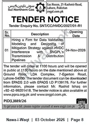 Newspaper clipping: SNGPL Tender SNT/CC/HVDC/2027/01-R1 — Mitigation Strategy for HVDC Interference with Transmission & Distribution Pipelines, Nawa-i-Waqt, 03 Oct 2026