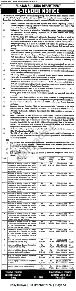 Newspaper clipping: Punjab Building Department E-Tender Notice — Buildings Division Jhang (Bids due 2026-10-16), Dunya, 03 Oct 2026