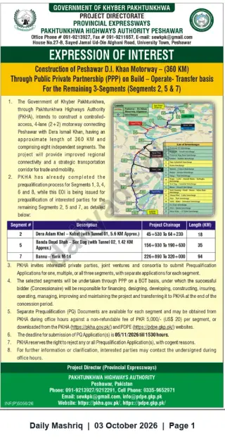 Newspaper clipping: PKHA Expression of Interest: Prequalification for Peshawar–D.I. Khan Motorway Segments 2, 5 & 7 (PPP), Daily Mashriq, 03 Oct 2026