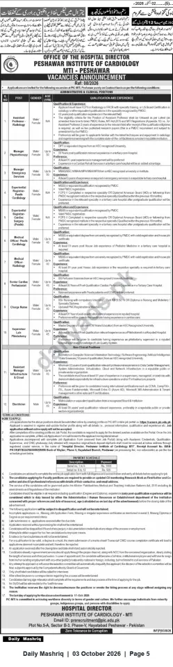 Newspaper clipping: Peshawar Institute of Cardiology (PIC‑MTI) — Vacancies for Clinical & Non‑Clinical Staff (Apply by 2026-10-17), Daily Mashriq, 03 Oct 2026