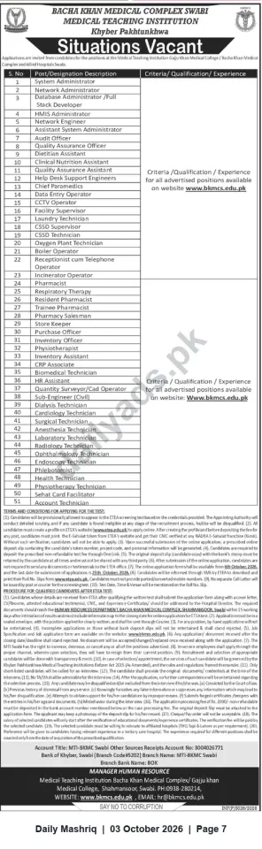 Newspaper clipping: Bacha Khan Medical Complex Swabi — Multiple Clinical & Administrative Vacancies, Daily Mashriq, 03 Oct 2026