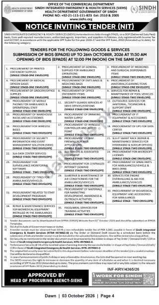 Newspaper clipping: SIEHS Notice Inviting Tenders for Multiple Goods & Services — Bids Due 2026-10-26, Dawn, 03 Oct 2026