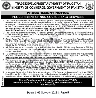Newspaper clipping: TDAP Tender: Maintenance & Operational Services for Chillers, Buildings and Equipment at Karachi Expo Center (P138627), Dawn, 03 Oct 2026