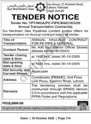 Newspaper clipping: SNGPL Tender — Annual Haulage Contract for PE-Pipe & Material (Tender No. TPT/MGA/PE-PIPE/M&E/003/26), Dawn, 03 Oct 2026