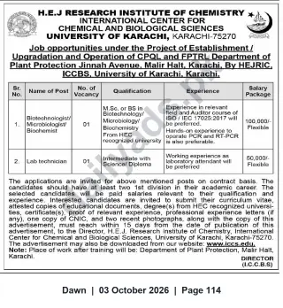 Newspaper clipping: Research Job Opportunities at H.E.J. Research Institute of Chemistry, University of Karachi — Biotechnologist & Lab Technician (Contract), Dawn, 03 Oct 2026