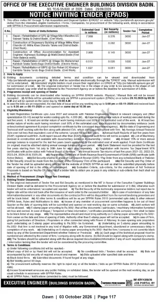 Newspaper clipping: Tender Notice — Executive Engineer Buildings Division Badin (EPADS), Dawn, 03 Oct 2026
