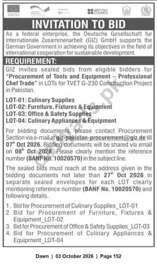 Newspaper clipping: GIZ Invitation to Bid: Procurement of Tools & Equipment for Professional Chef Trade (TVET G-230), Dawn, 03 Oct 2026