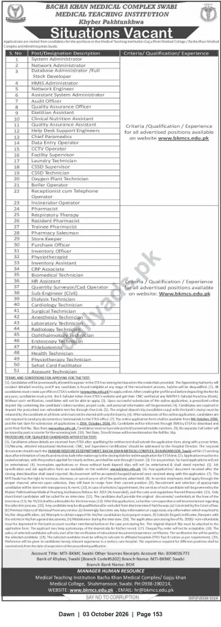 Newspaper clipping: Bacha Khan Medical Complex Swabi — Multiple Vacancies (Apply by 2026-10-25), Dawn, 03 Oct 2026
