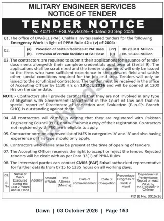 Newspaper clipping: Military Engineer Services Tender — Emergency Facilities at PAF Base Chaklala (closing 2026-10-19), Dawn, 03 Oct 2026