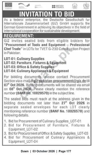 Newspaper clipping: GIZ Invitation to Bid – Procurement of Tools & Equipment for Professional Chef Trade (TVET G-230), Dawn, 03 Oct 2026