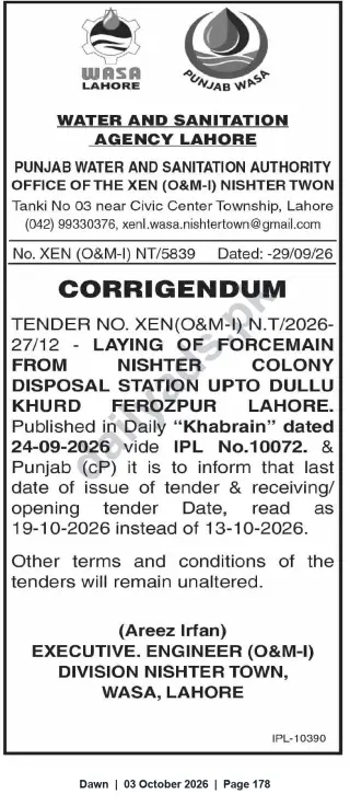 Newspaper clipping: WASA Lahore Corrigendum: Tender N.T/2026-27/12 — Laying of Forcemain from Nishter Colony to Dullu Khurd, Dawn, 03 Oct 2026